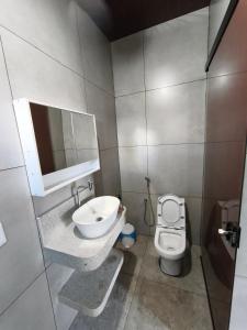 a bathroom with a sink and a toilet at Quatro com suite e cozinha in Brumadinho