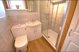a bathroom with a toilet and a shower and a sink at Cozy 1 bed flat in Stornoway in Stornoway