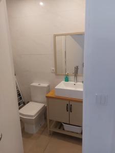 a bathroom with a toilet and a sink and a mirror at Studio Casa Tropicana in Paul do Mar