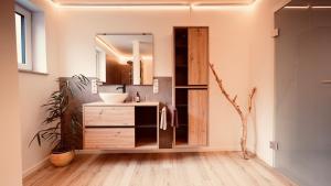 a bathroom with a sink and a mirror at Alte Malerei in Peiting