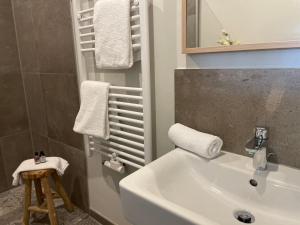a bathroom with a white sink and a mirror at Ferienwohnung VIER Hof Himmelgrün in Saal