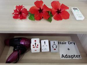 a shelf with hibiscus flowers and playing cards at Blue Sky Self Catering in Grand Anse