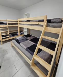 a room with three bunk beds in a room at Apartmány u Mravence in Starý Petřín