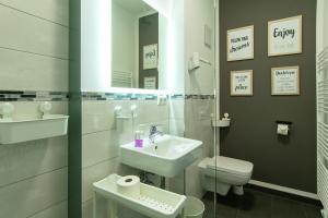 a bathroom with a sink and a toilet and a mirror at Wirtshaus Feininger Hof in Benz +15 photos