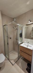 a bathroom with a shower and a toilet and a sink at Hotel Restaurant 't Trefpunt in Made