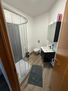 a bathroom with a shower and a toilet and a sink at Whale House in Keflavík +12 photos