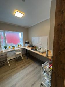 a kitchen with a counter and a sink and a window at Whale House in Keflavík