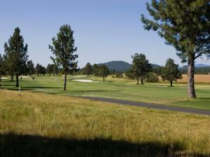 a view of a golf course with trees and a road at 61 Meadow House in Sunriver