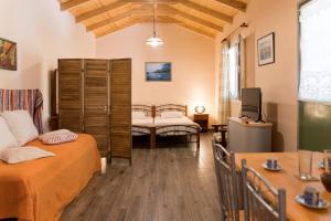 a room with two beds and a tv in it at Joya's Little Farm Cottage in Svoronata