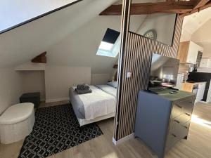 a small bedroom with a bed and a mirror at Logement climatisé avec cuisine équipée in Amboise