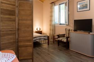 a room with a bed and a television in a room at Joya's Little Farm Cottage in Svoronata