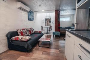 a living room with a couch and a kitchen at Penzion U Hada in Velké Pavlovice