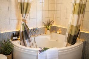 a bath tub with a shower curtain in a bathroom at Acqui Apartments in Argostoli