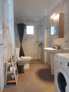 a bathroom with a toilet sink and a washing machine at Iliada's apartment in Polychrono +16 photos