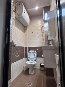 a small bathroom with a toilet and a shower at Central Stara Zagora Apartment in Stara Zagora +18 photos