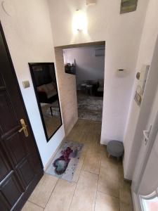 a hallway with a door and a mirror on the floor at Sárkányszikla Apartman in Nemti +24 photos