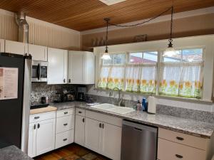 a kitchen with white cabinets and a sink and a window at Fireside Cottage in Jacksonville