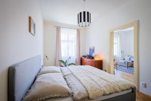 a bedroom with a large bed and a window at Apartmán v srdci Tábora in Tábor