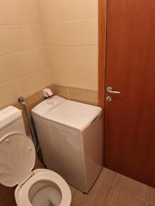 a bathroom with a toilet and a wooden door at Apartment Harmony in Plužine +5 photos