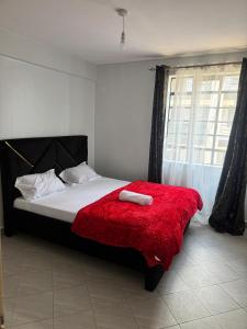 a bedroom with a bed with a red blanket and a window at Serenity suites in Nairobi