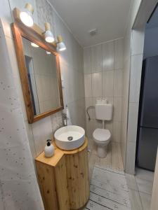a bathroom with a sink and a toilet and a mirror at Gerendás in Szilvásvárad