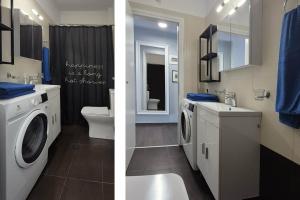 two pictures of a bathroom with a washer and dryer at Blue Bay Suites in Myloi +7 photos