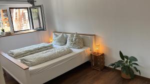 a bedroom with a bed with pillows and a window at Auszeit in Schwaigern in Schwaigern