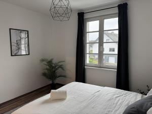 a bedroom with a bed and a window at 2BR, terrace, free parking in Leverkusen