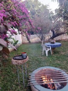 a backyard with a grill and a table and flowers at flowerhouse Sukuta Gambia in Sukuta