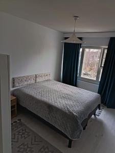 a bedroom with a bed with blue curtains and a window at Kolmio Väinöläntie 6 in Lieksa