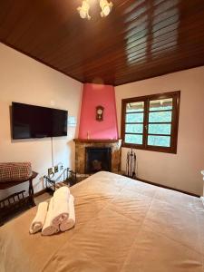 a bedroom with a large bed and a fireplace at Recanto da Neblina in Monte Verde