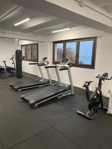 a gym with several treadmills and exercise bikes at CapSaSalBegur137 Piscina del Mar, Vista al Patio in Begur