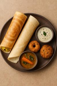 a plate of food with bread and dip and dips at TrueLife Nexus Suites in Tirupati