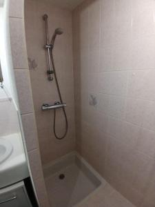 a bathroom with a shower with a sink and a shower at Pointe Saint-Jacques - L'entre deux vagues in Sarzeau