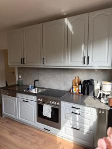 a kitchen with white cabinets and a sink at WohlfühlWerk L7 in Mechernich