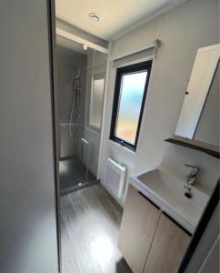 a bathroom with a shower and a sink and a mirror at La pomme de Pin in Étaples