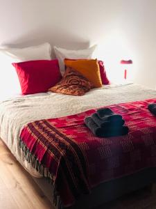 a bed with colorful pillows and a red blanket at Johlie in Oeyregave +25 photos