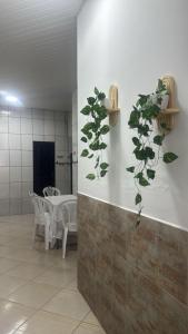 a waiting room with a table and plants on the wall at Casa Borges leal in Santarém