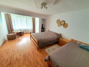 ein Schlafzimmer mit zwei Betten und einem großen Fenster in der Unterkunft RaluApart in Bicaz