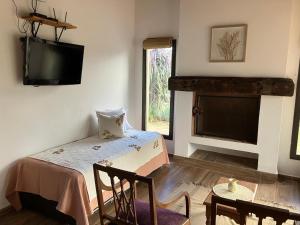 a room with a bed and a tv and a fireplace at Casa Nidito San Javier in San Javier