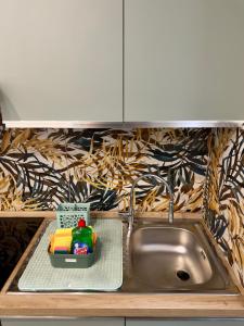 a kitchen sink with a toy toy sitting on it at JungleHouse in Abbadia Lariana