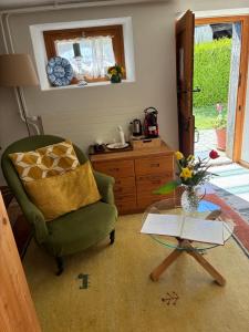 a living room with a green chair and a table at Le Petit Ruisseau in Ollon