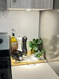 a kitchen counter with a shelf with dishes and plants at Bentley Commons Fallsview - Luxury 4 Bedroom 4 Bath Townhouse in Niagara Falls