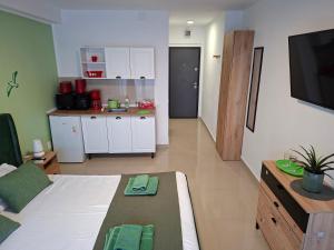 a living room with a bed and a kitchen at LA PLAYA - Studiouri pe plaja cu sezlong inclus in Eforie Nord +31 photos