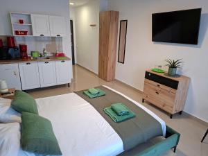 a living room with a large bed and a kitchen at LA PLAYA - Studiouri pe plaja cu sezlong inclus in Eforie Nord