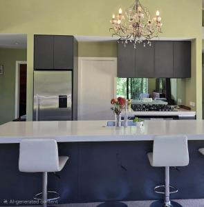 a kitchen with a large island with two white bar stools at Riverside Retreat in Twizel