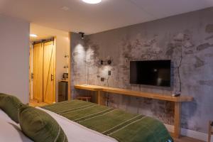 a bedroom with a bed and a tv on a wall at Hotel Gran Wolf - Haras Santa Amelia in Negrete
