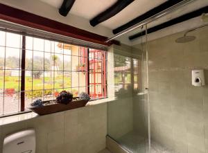 a bathroom with a shower and a sink and a window at La Franchesca Hotel Boutique in Tabio