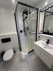 a bathroom with a shower and a toilet and a sink at Hotel la Perla in Meersburg