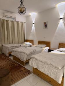 a room with three beds and a chandelier at Antika Hotel in Dahab